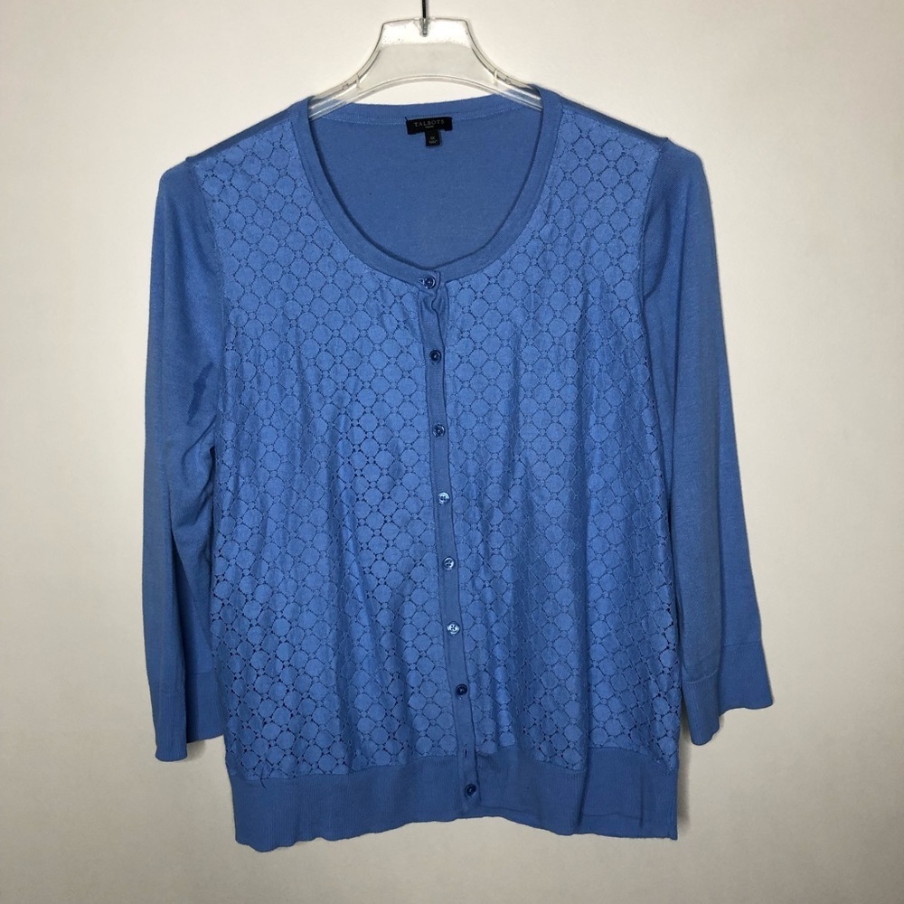 Talbots Blue Button Up Long Sleeve Cardigan with Lace Detail on Front Size 1X